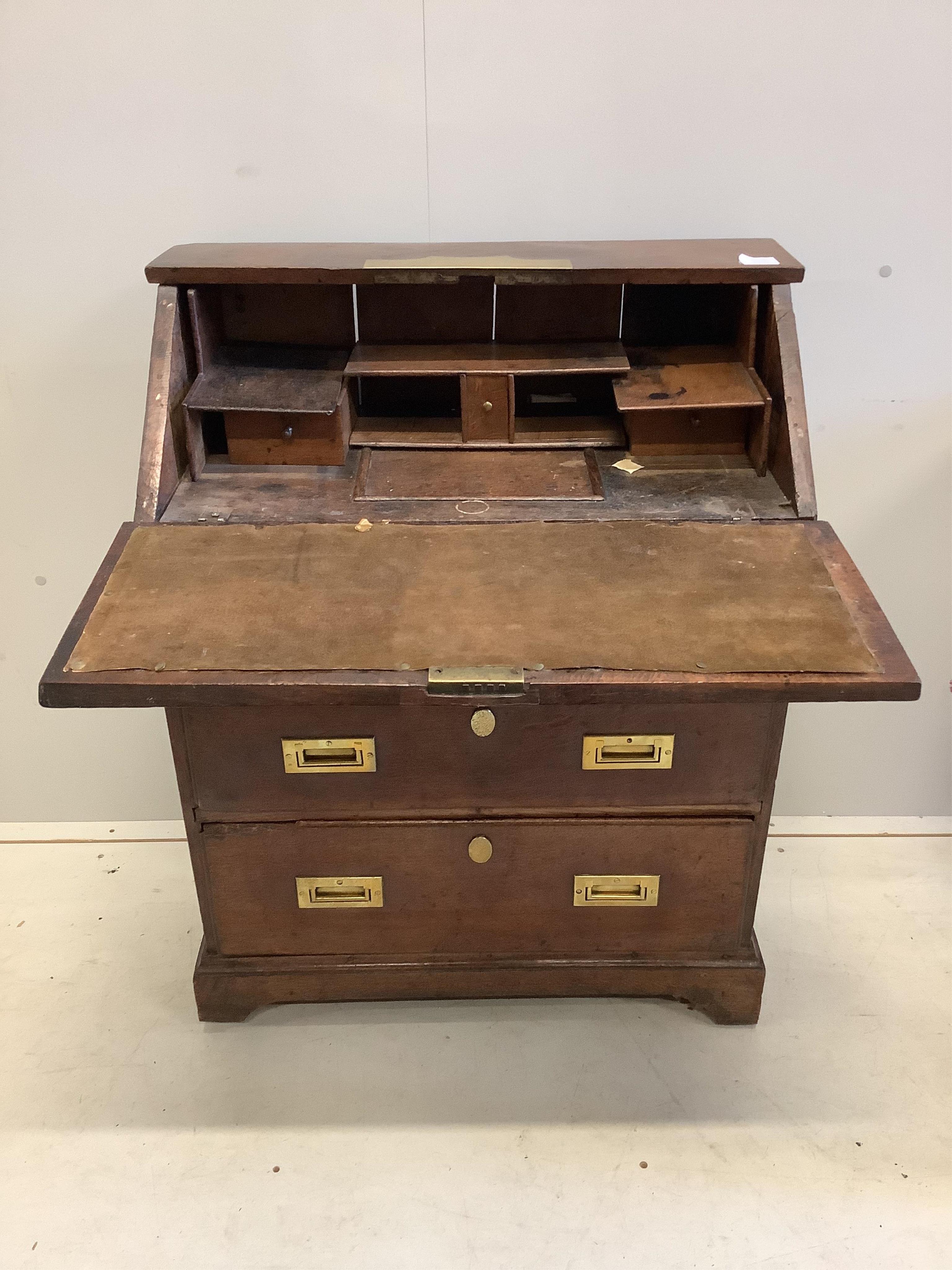 A small 18th century style brass mounted oak bureau, width 73cm, depth 40cm, height 94cm